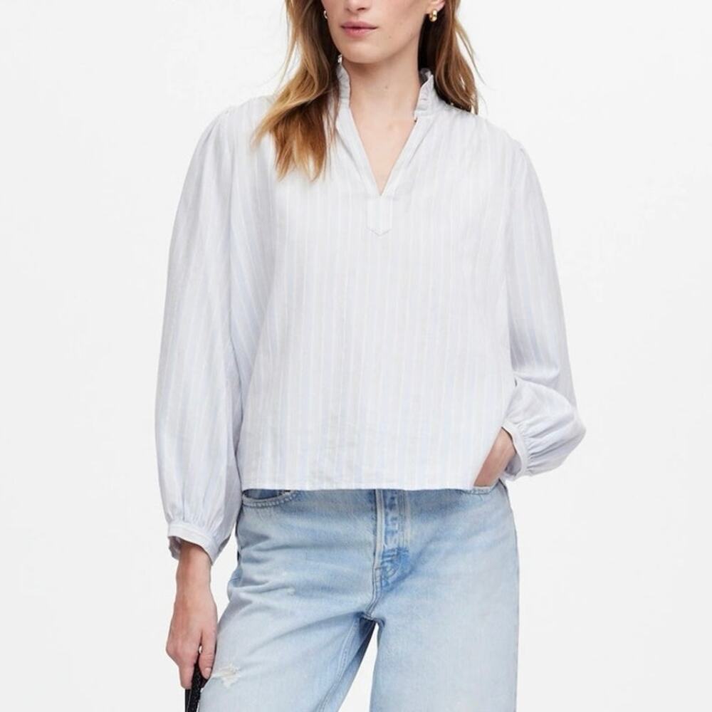 Madewell Ruffled Splitneck Collar Popover Top In Stripe Blue White Size XS